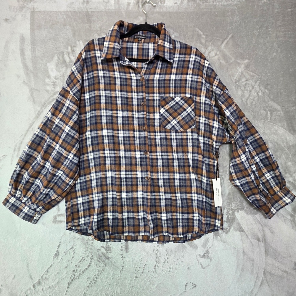 Chocolate U.S.A. Womens Plaid Button Down Shirt Brown Blue Large MT4395 NEW